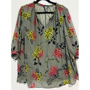 Catherines Tunic‎ Top sz 1X Plus Grey Green Lined Tassel Neckline Peasant Boho